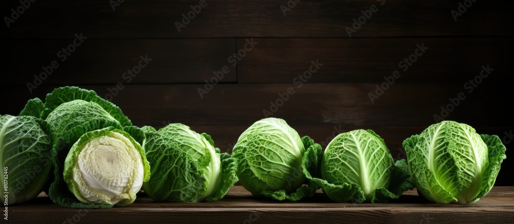 Aufkleber On a dark wooden table there is a copy space image featuring fresh and ripe Chinese cabbages arranged in a fat layer providing space for text