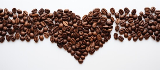 Heart shaped background made of roasted coffee beans on a white background perfect for copy space image