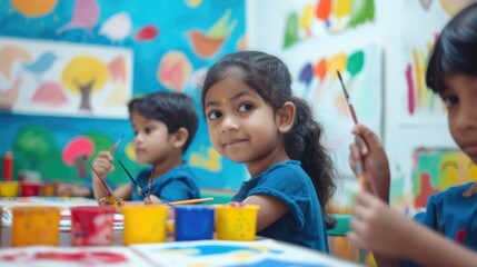 Fototapeta premium Young girl painting at preschool Fictional Character Created By Generative AI. 