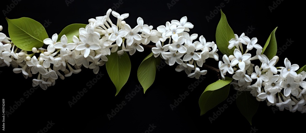 Poster top view of a white lilac against a black backdrop providing ample copy space for text