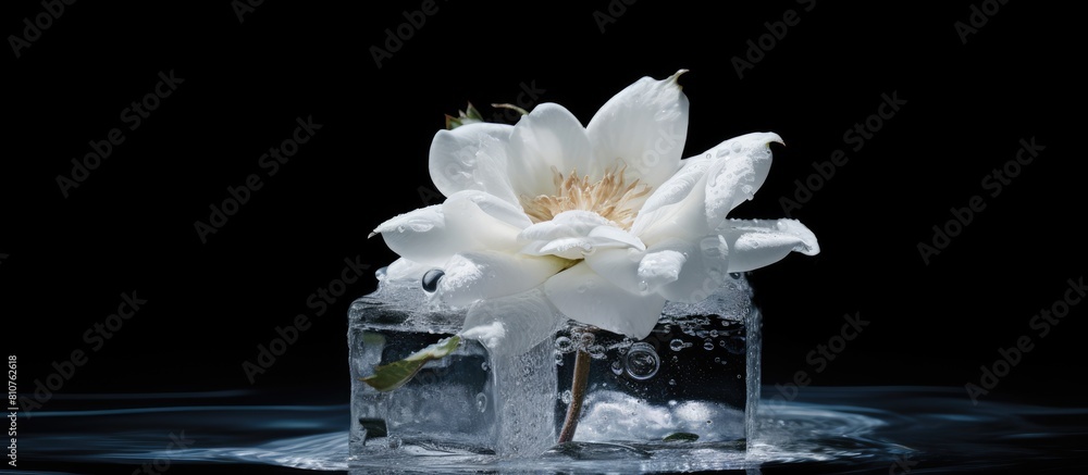 Aufkleber An off white flower is captured in a block of ice creating a macro close up copy space image