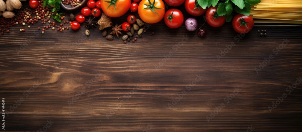 Poster top view of an italian tomato pasta dish with vegetables and spices on a wooden background perfect f