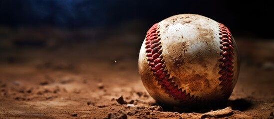 A dirty baseball shown in a closeup copy space image