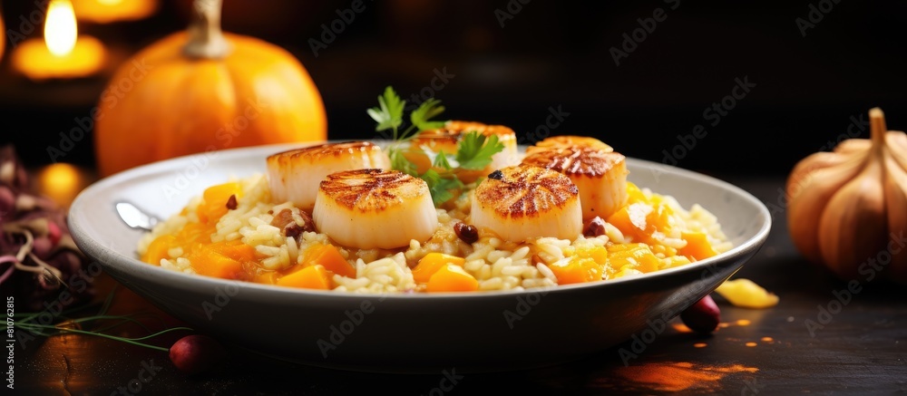 Poster A copy space image of risotto with pumpkin and scallops presented on a rustic stone background
