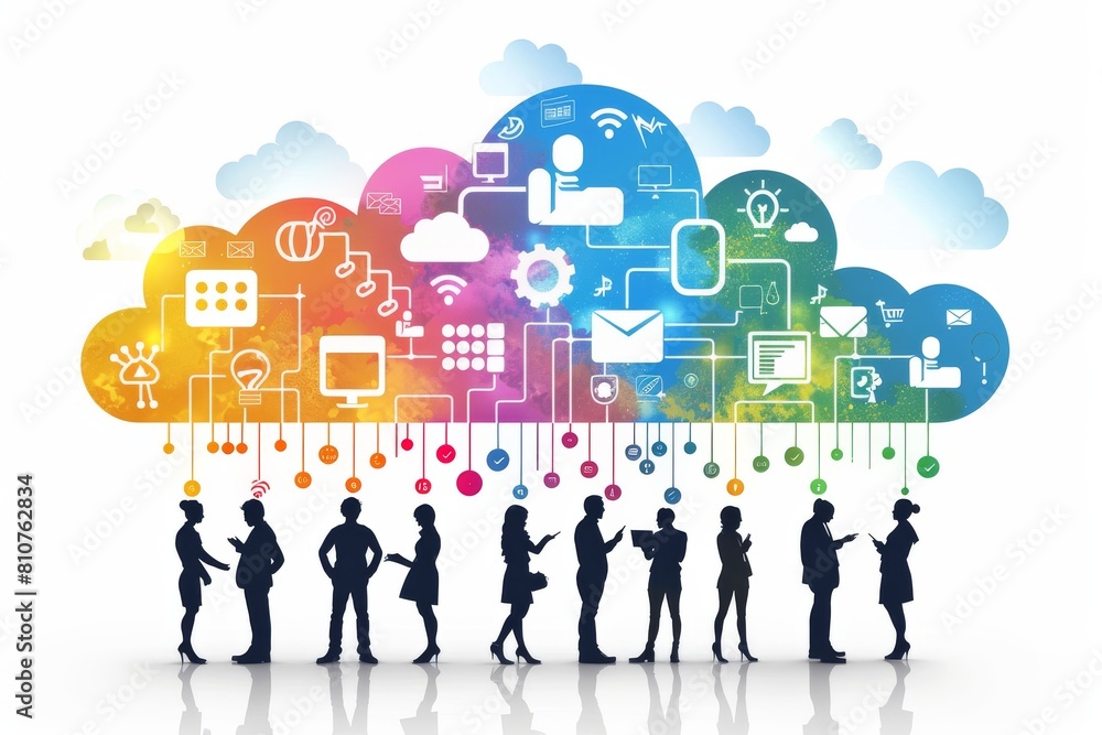 Poster modern office environment integrate global digital collaboration with cloud teamwork, service networ