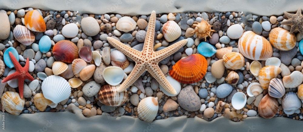 Poster a copy space image showcasing an assortment of pebbles various shells and starfish in the background