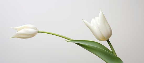 A white tulip is captured in a close up photograph against a white backdrop leaving room for additional content in the image