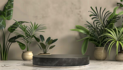 Dark grey cylindric podium for product placement, beige background with plants and sunlight