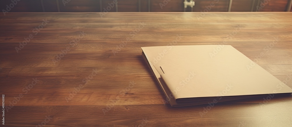 Poster a vintage folder with a blank label sits on a wooden table offering ample copy space for documents