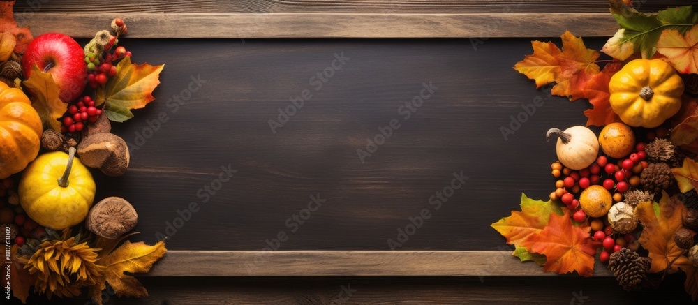 Poster Top view of a blackboard adorned with Autumn decorations on a wooden frame The image is toned with plenty of space available for your text. Creative banner. Copyspace image