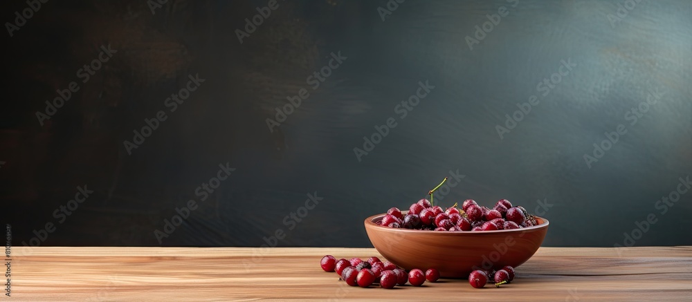 Poster the wooden table serves as a backdrop for a porcelain bowl brimming with succulent dried sour cherri