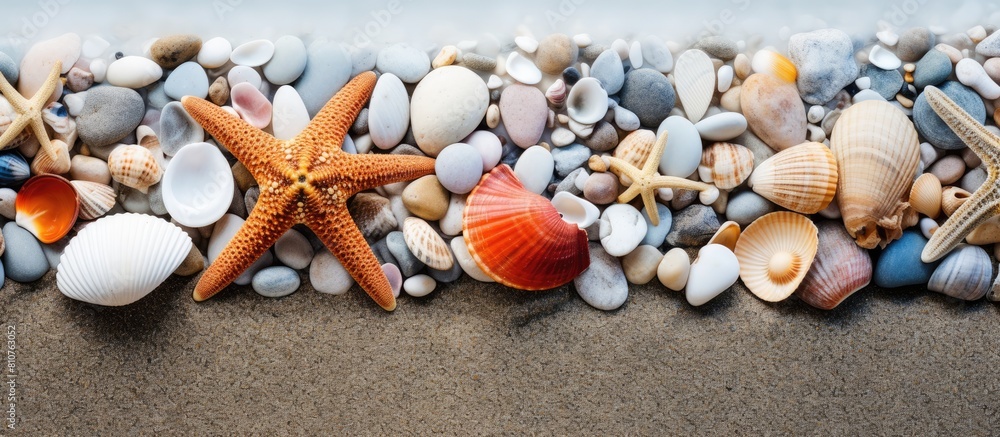 Poster a copy space image showcasing an assortment of pebbles various shells and starfish in the background