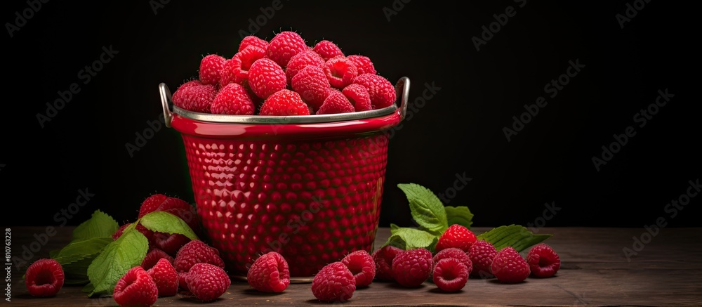 Poster A beautiful still life of an organic red raspberry placed in a decorative bucket with a dark background providing a copy space image