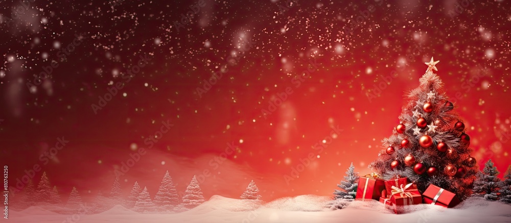 Poster A festive background featuring a shiny artificial Christmas tree adorned with gifts set against a red backdrop with flying snow Plenty of copy space is available
