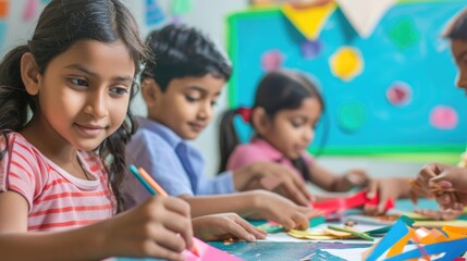 Children Making Handmade Cards at School Fictional Character Created By Generative AI. 