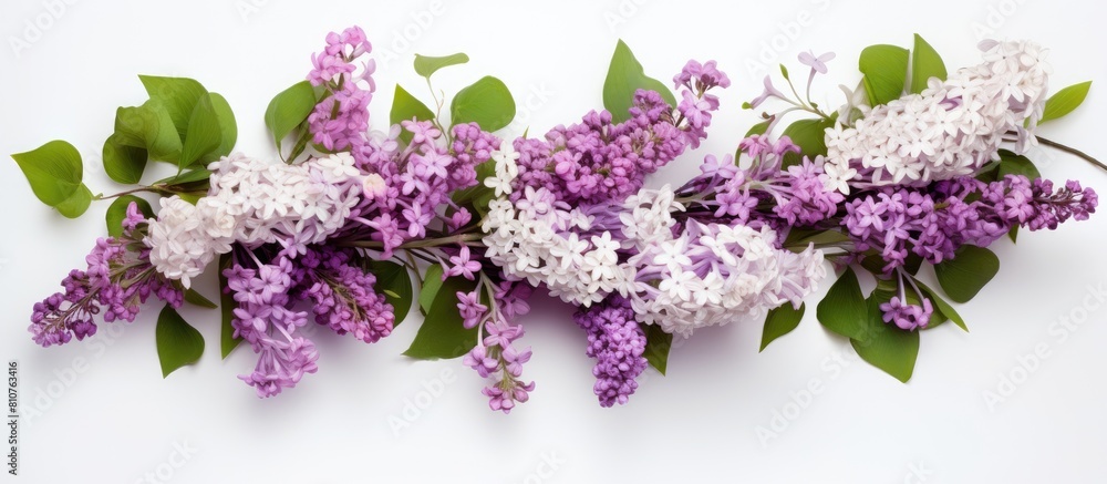 Poster top view of a bouquet consisting of white and purple lilac flowers and hawthorn flowers arranged on 