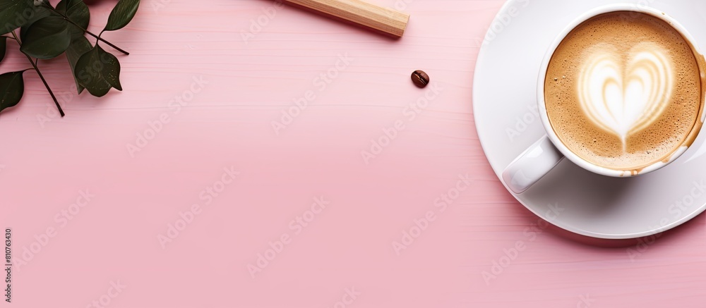 Leinwandbilder top view of a cup of coffee with latte art a keyboard surrounded by office tools and a pink backgrou