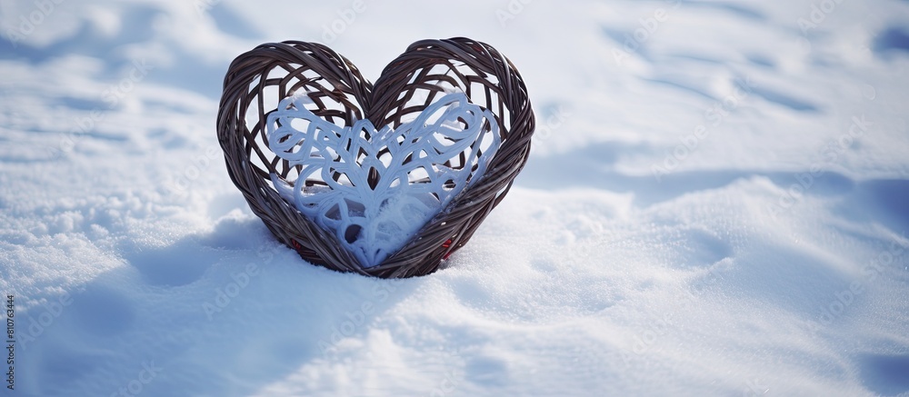 Poster a copy space image of a heart shaped wicker decoration resting on a blanket of pristine snow