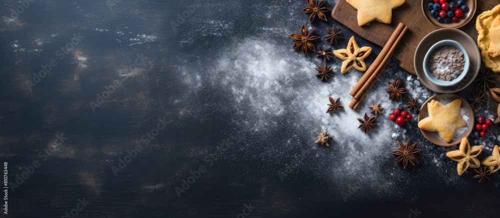 Poster A top down view of the ingredients needed to prepare Christmas baking shown with empty space for text or visuals. Creative banner. Copyspace image