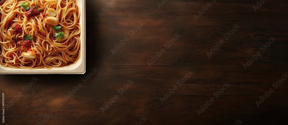 Aufkleber Top view of a container filled with noodles sauce and utensils with plenty of empty space for other elements in the image. Creative banner. Copyspace image