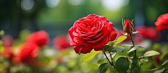 Obraz premium A beautiful view of a flowering garden depicting a vibrant red rose flower along with young rosebuds set against a blurred green background offers a captivating copy space image