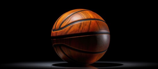 An antique rubber basketball with a two tone design stands alone on a black background creating a...