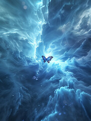 Storm's Grace: A Lone Butterfly Amidst the Blue Typhoon and Lightning
