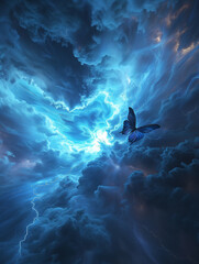 Obraz premium Storm's Grace: A Lone Butterfly Amidst the Blue Typhoon and Lightning