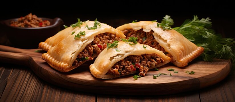 A close up copy space image of belyash or samsa Middle Asian hand pies with baked authentic meat filling served on a wooden background