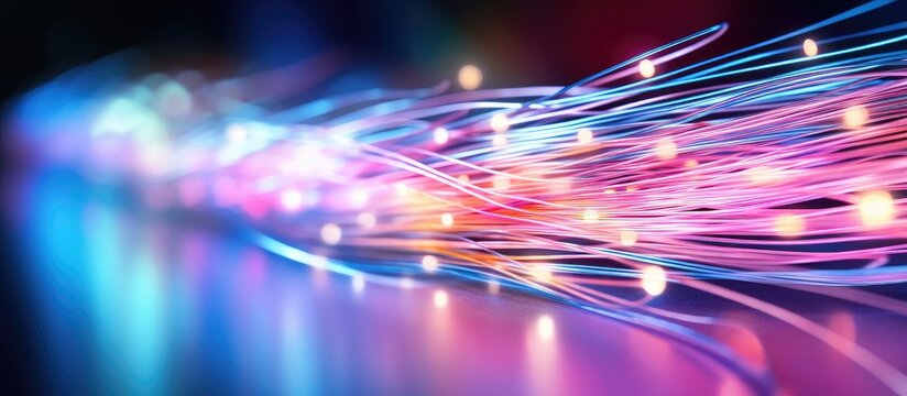 Macro view of optical fiber strands transmitting colorful light with a blurred background leaving ample copy space for text
