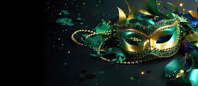 A vibrant carnival themed design with confetti a masquerade mask and serpentine on a green backdrop Perfect for carnival birthday Mardi Gras or party invitations with copy space image