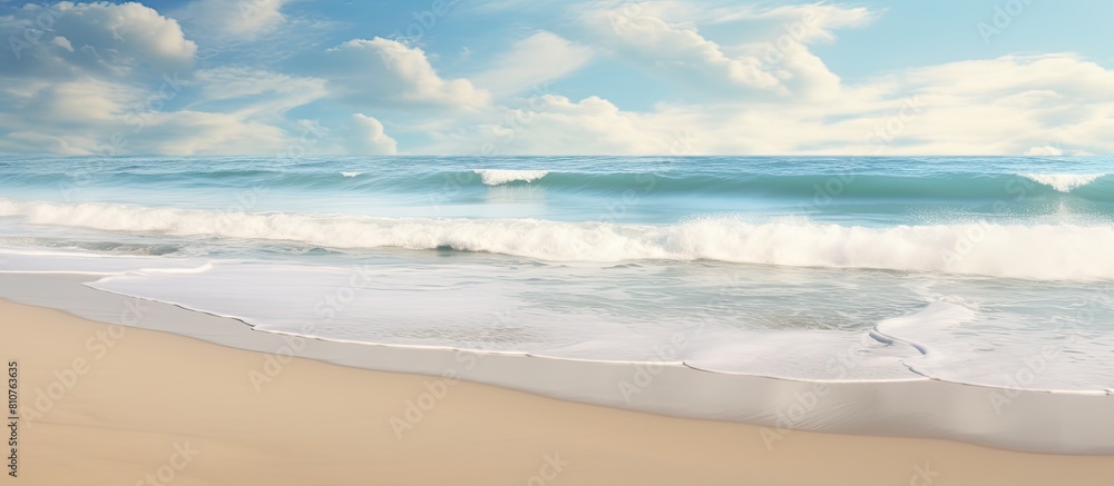 Poster a serene beach scene with sandy shore and gentle waves creating a peaceful morning ambiance perfect 