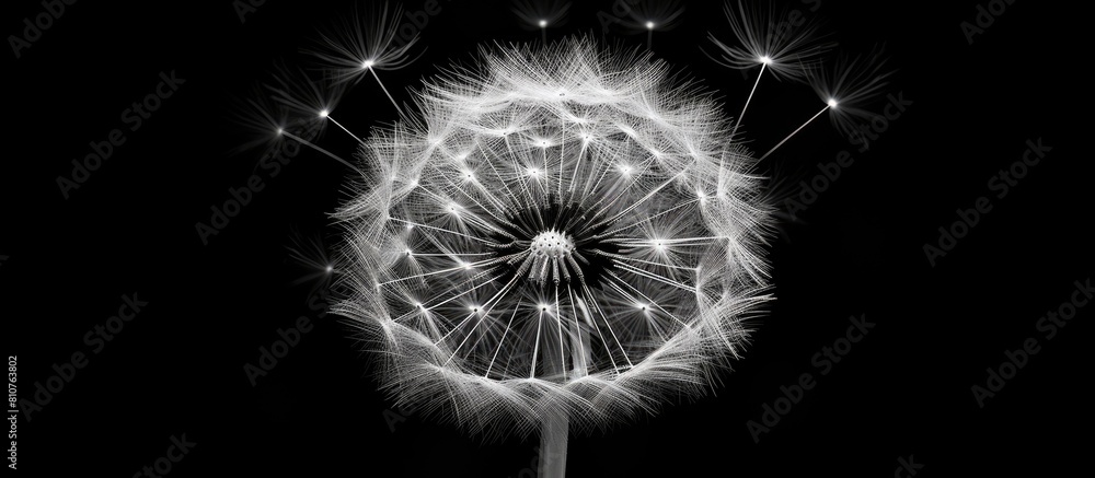 Fototapete a black and white closeup of a dandelion flower on a black background creating a negative image with