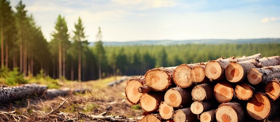 Woodpile of freshly harvested logs with a forest in the background depicting deforestation Ample copy space image