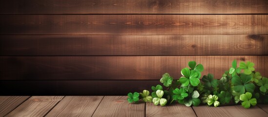 A festive St Patrick s Day image with a leprechaun hat shamrock clover leaves and a brown wooden background Ample space to insert your text