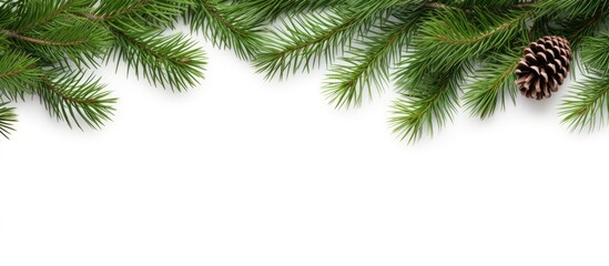 A festive Christmas frame featuring branches of pine trees set against a white backdrop with ample space for adding images or text