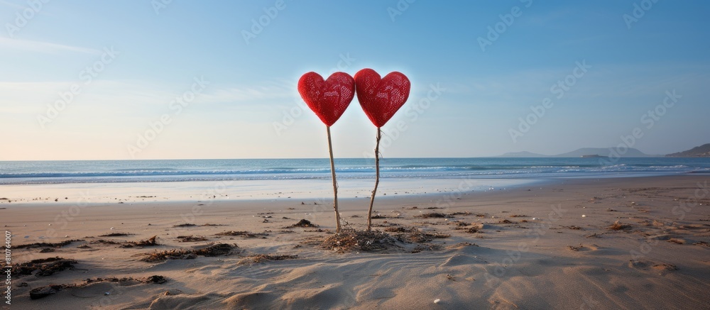Poster two heart shaped cutouts in vibrant red color are attached to the tops of sticks creating a lovely a