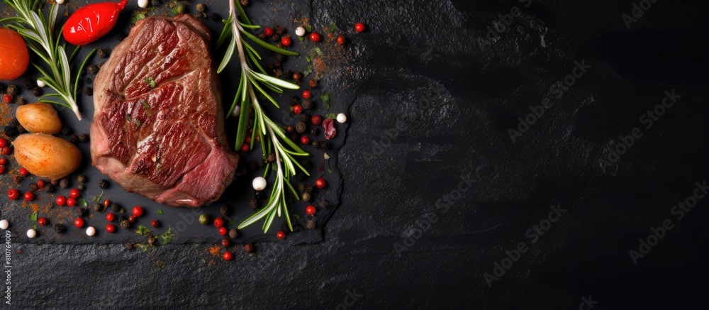 Poster top view of a delicious steak seasoned with spices and herbs served on a black stone background copy