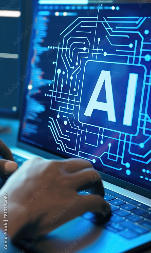 Aufkleber hands of the person with the computer . the word ai on the screen