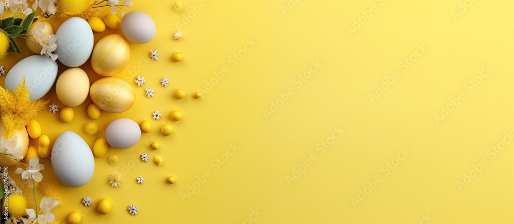 Poster top view of a easter greeting card featuring a yellow background adorned with blue easter eggs and a