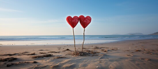 Two heart shaped cutouts in vibrant red color are attached to the tops of sticks creating a lovely and romantic picture against the backdrop of a sandy beach with an unoccupied area for additional im