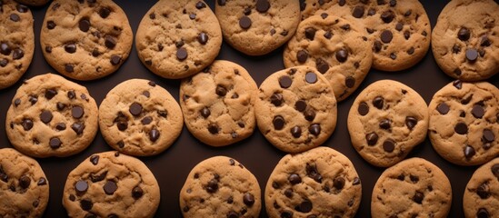 A top view of brown chocolate chip cookies used as a textured background for a copy space image