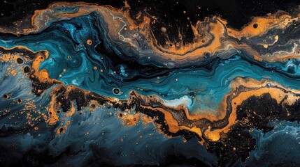 Gold Glitter Accents on Multicolor Marble Ink Abstract Painting.