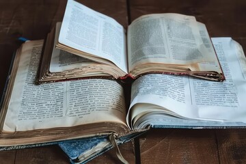 Obraz premium Old, weathered books open and scattered across a wooden table, showcasing academic diversity