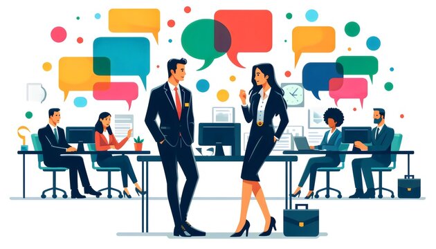 Strategic Corporate Dialogues, a professional setting where a man and a woman engage in a strategic conversation, surrounded by colleagues working at their desks