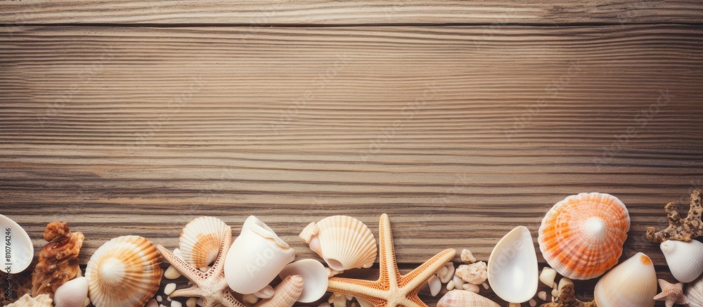 Poster A copy space image featuring sea themed decorations and shells arranged on a rustic wooden background