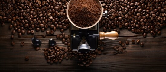 Flat lay of a vintage manual coffee grinder accompanied by powdered coffee and beans beautifully arranged on a black wooden table Enough room for text to be added Additionally there is a copy space i