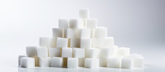 A copy space image of sugar cubes arranged neatly on a white surface