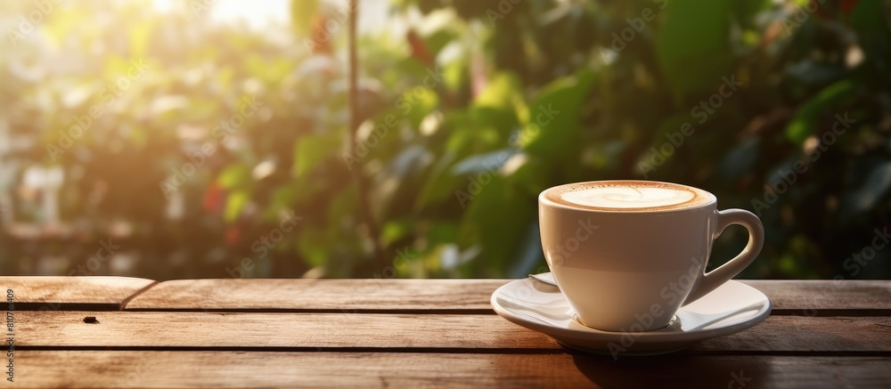 Poster an outdoor coffee scene with a white cup of coffee placed on a wooden table creating a cozy and rust