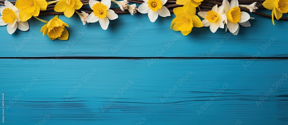 Poster a flat lay top view copy space image showcasing a frame of yellow flowers arranged on a blue wooden 